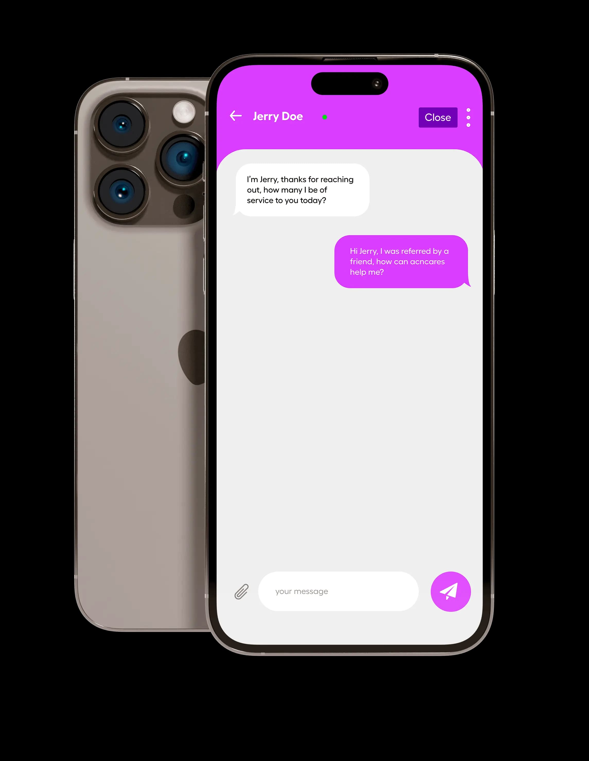 The ACN Cares app showing a chat with a personal concierge