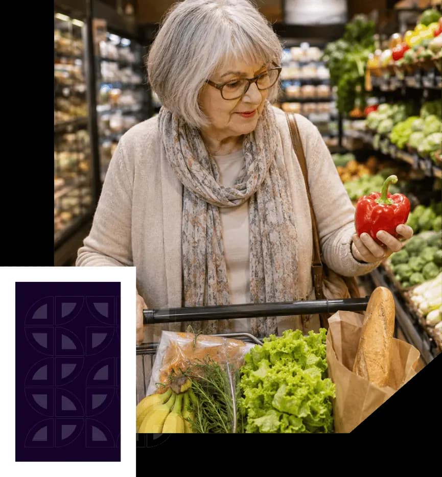 A senior woman shopping for fresh groceries